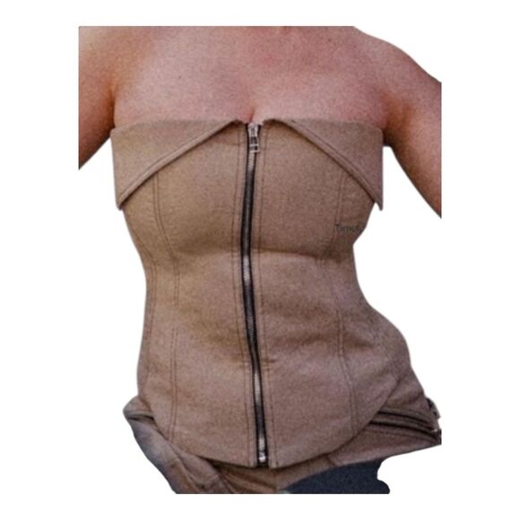 ZARA TOPSTITCHED BUSTIER Zip Front Khaki Cotton Blend Women's S Taupe Corset - Picture 10 of 15